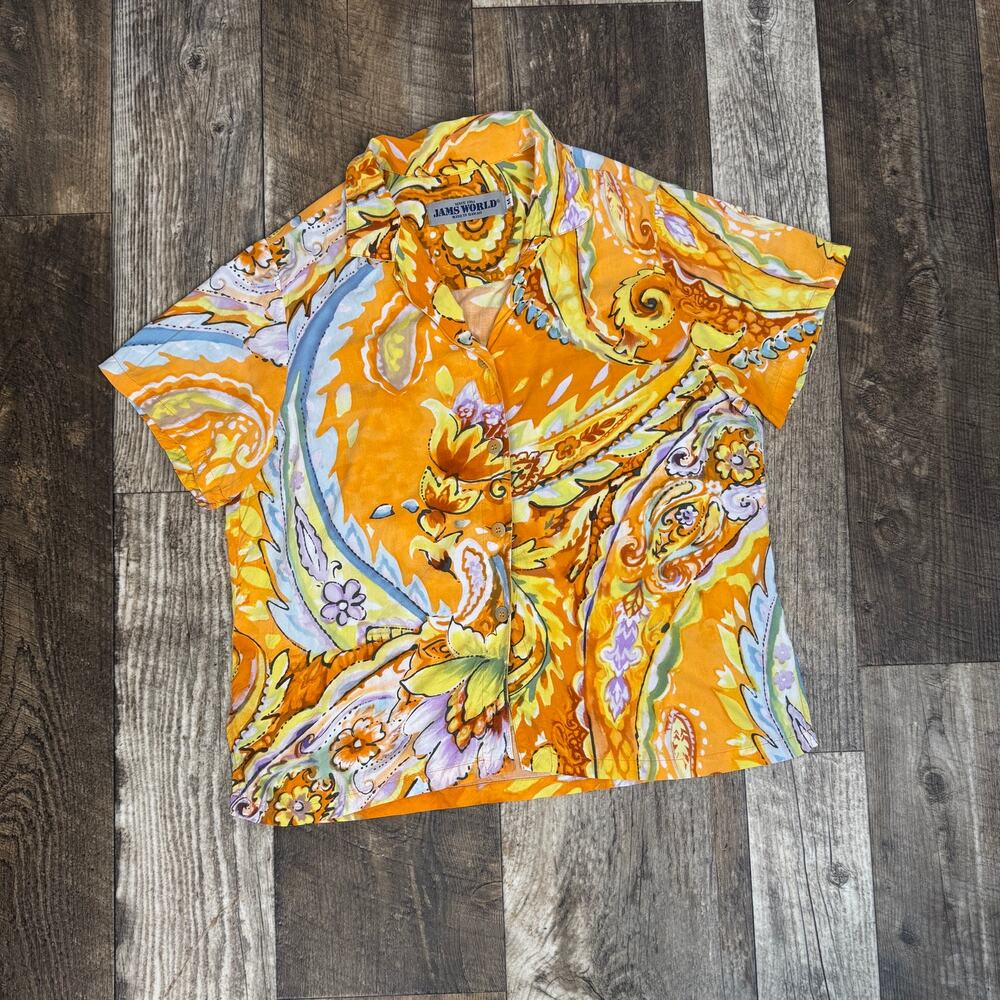 Jams World Rayon Hawaiian Shirt Orange Paisley Size Medium Made in Hawaii